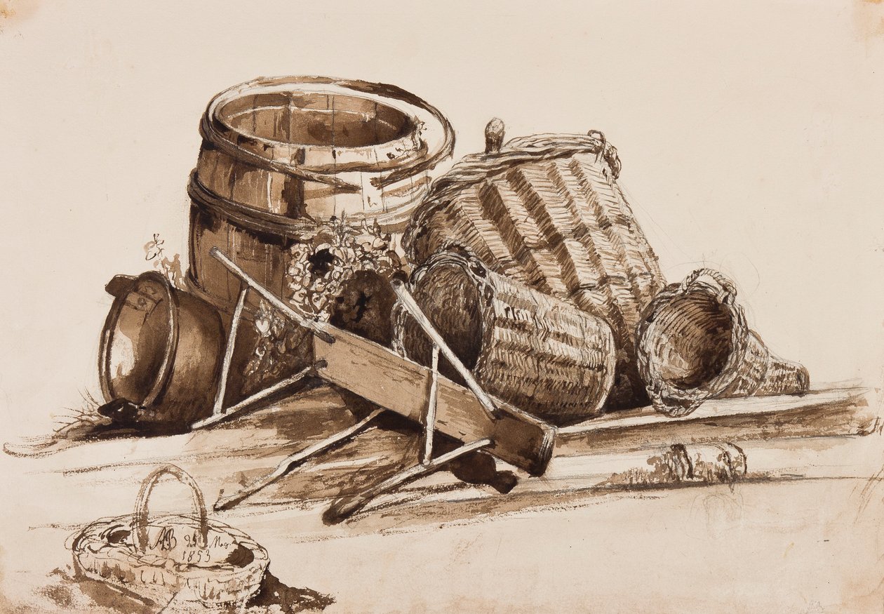Kosarak, hordók és pad, Alfonso Maria di Borbone herceg (1841-1934) kiegészítéseivel, 1853 (ceruza és szépia mosás papíron) alkotó: Achille Vianelli
