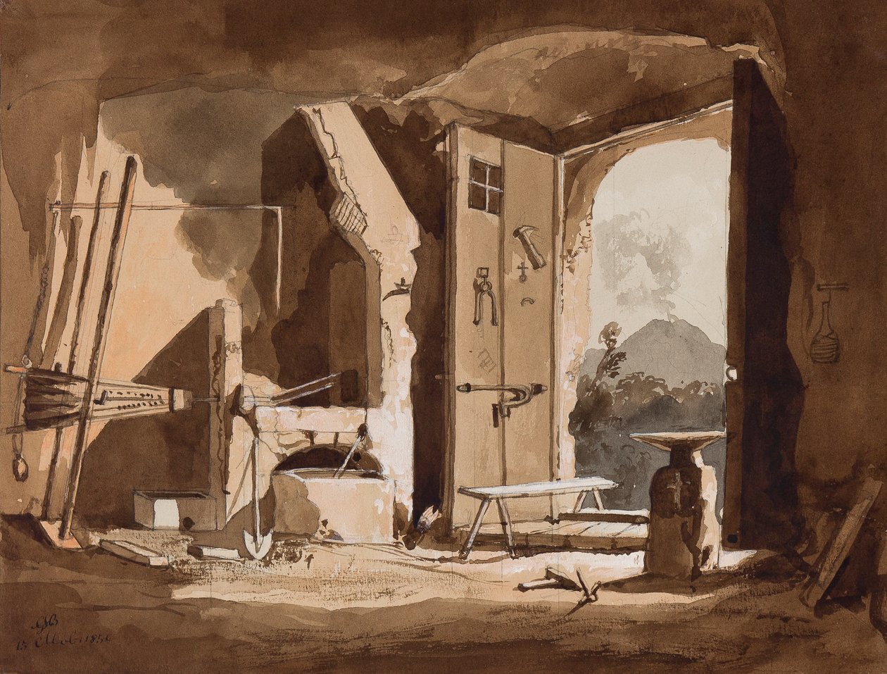 Egy kovácsműhely belseje, Gaetano Maria Federico di Borbone herceg (1846-1871) kiegészítéseivel, 1854 (ceruza és szepiarajzok, papír) alkotó: Achille Vianelli