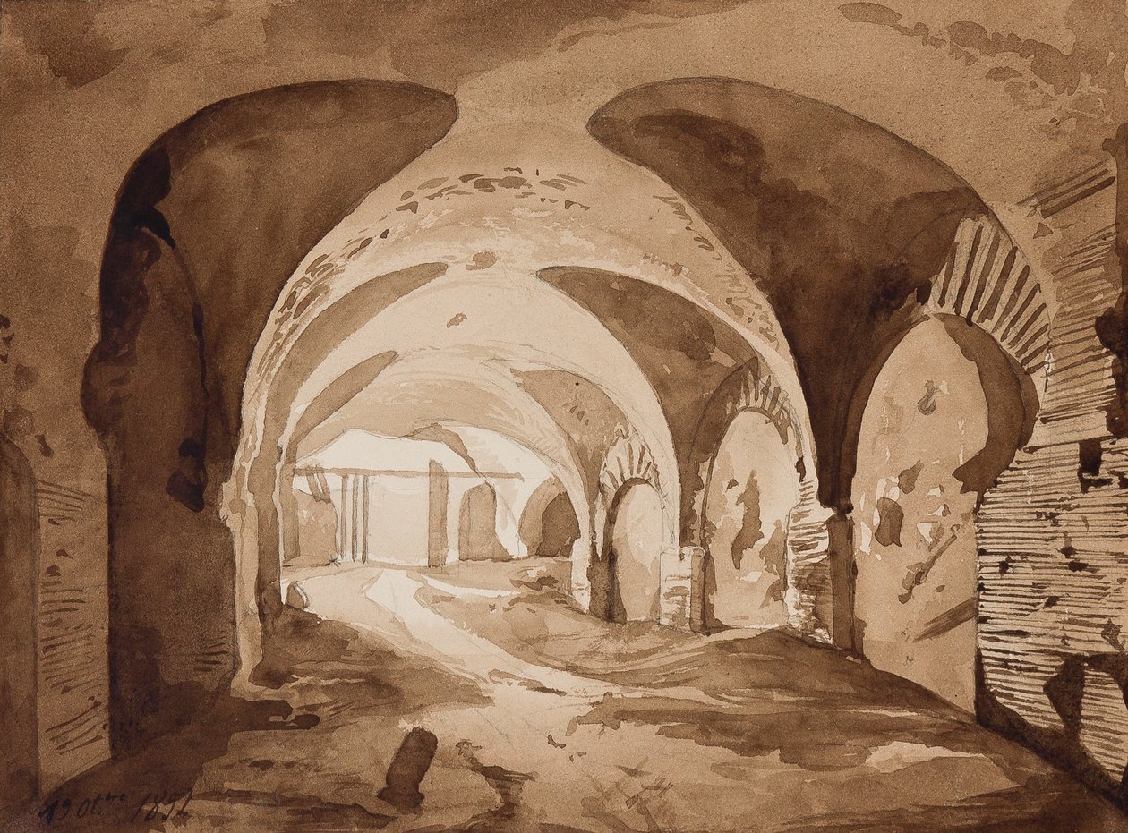A pozzuoli amfiteátrumhoz vezető ambuláns, Alfonso Maria di Borbone herceg (1841-1934) kiegészítésével, 1852. október 19. (ceruza és szépia mosás papíron) alkotó: Achille Vianelli