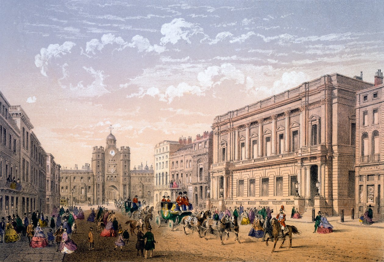 A Szent Jakab palota és a konzervatív klub, Ch. Riviere metszete, 1862. alkotó: Achille Louis Martinet