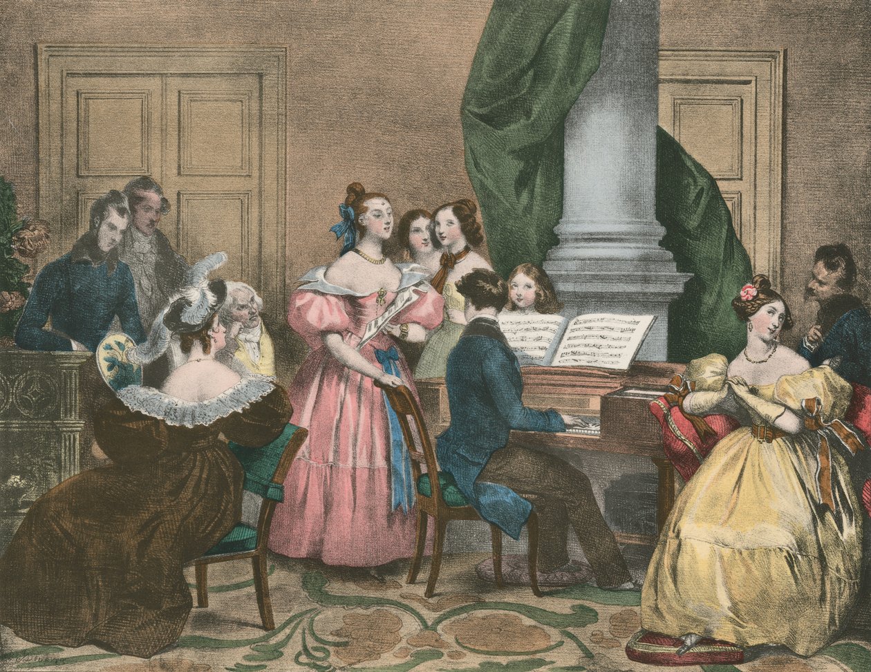 Soiree Musicale, Zenés estély (színes litográfia) alkotó: Achille (after) Deveria