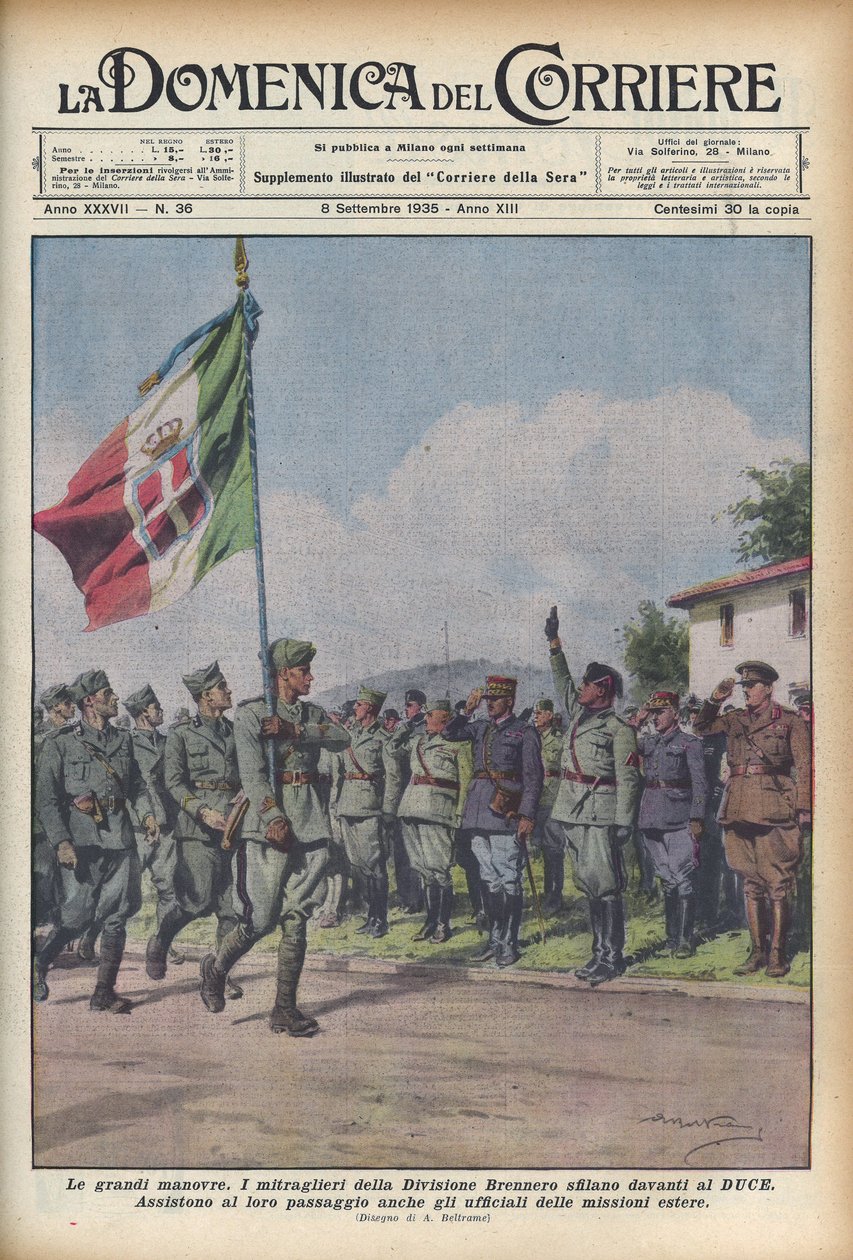 1935 A Brenner-hadosztály géppuskásai felvonulnak a Duce előtt - CORRIERE VASÁRNAP - katonai manőver. A csapatok elhaladnak Benito Mussoli előtt "" il Duce "" - Illusztráció: Achille Beltrame (1871-1945) alkotó: Achille Beltrame
