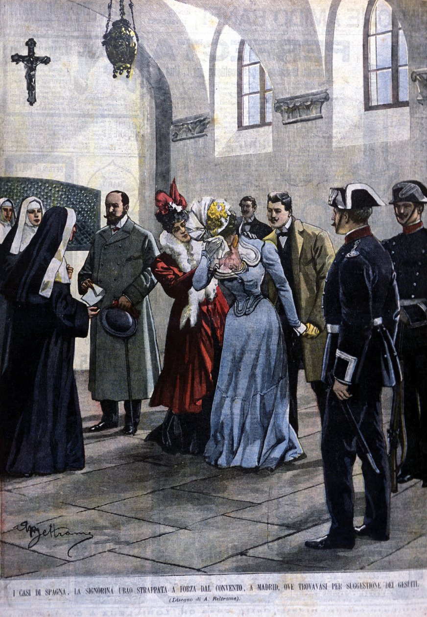 Madridban egy fiatal nő, Mademoiselle Ubao kiszakad egy apáca életéből egy kolostorban, ahol a jezsuiták javaslatára volt. Illusztráció: Beltrame. A Domenica del corriere. 1901. alkotó: Achille Beltrame
