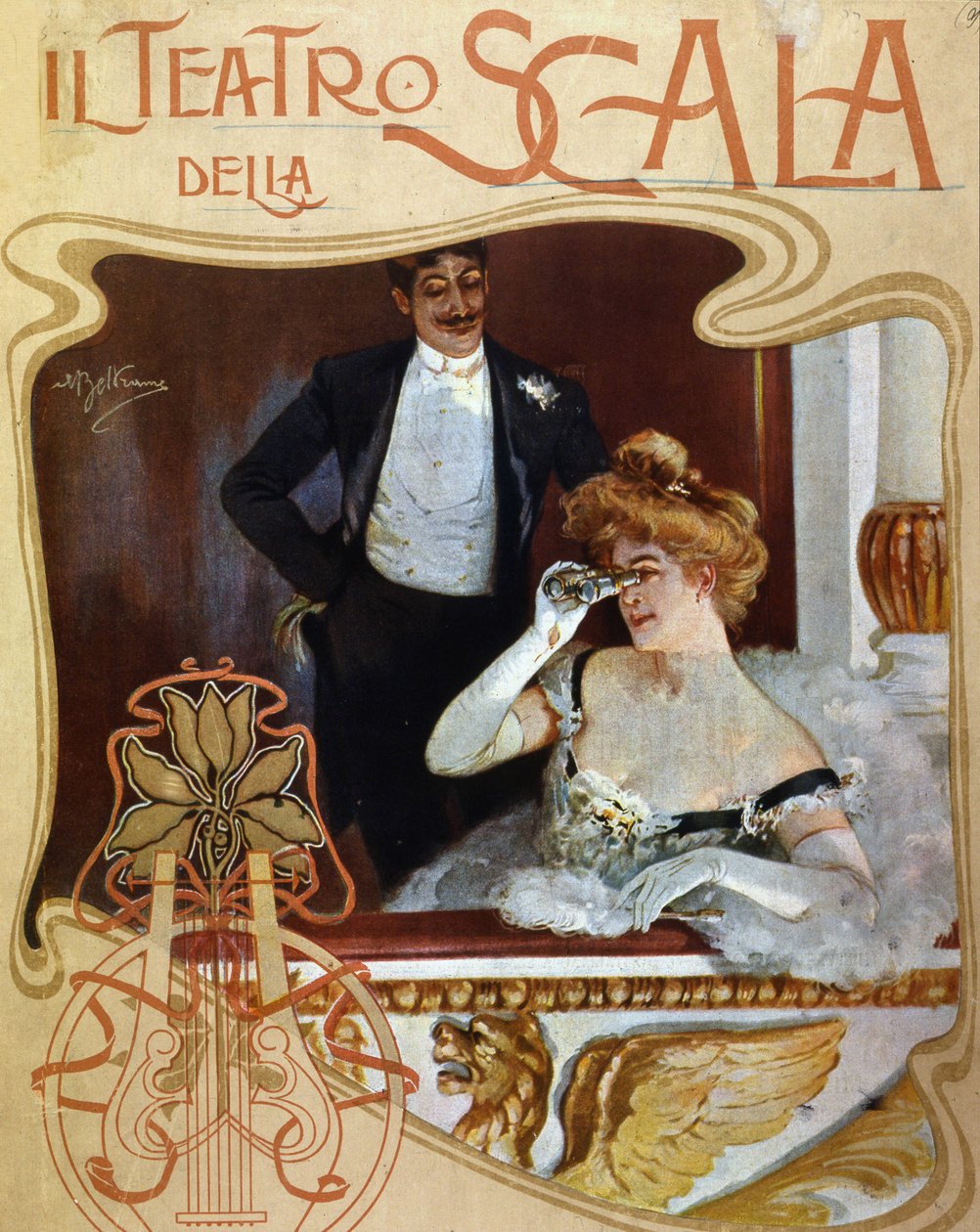 Néhány hely a Teatro alla Scala öltözőjében. A fiatal nő egy távcsővel figyeli a jelenetet. Illusztráció: Achille Beltrame. alkotó: Achille Beltrame
