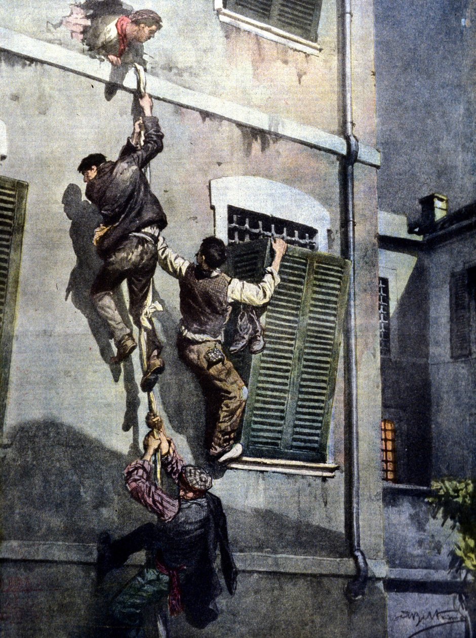Négy rab merész szökése az asti börtönből, miután áttörték a falat. Beltrame rajza. La Domenica del Corriere. 1902 alkotó: Achille Beltrame