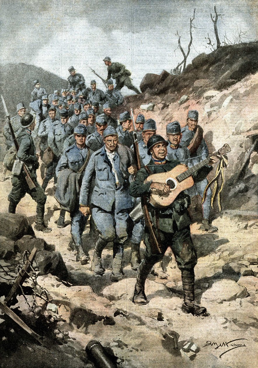 Boldog hős. Miután elfogott negyven osztrákot és egy gitárt egy barlangban, Buoncompagni közlegény az éneklő fogolycsoport élén vonult fel. Ill. de Beltrame. La Domenica del Corriere. 10/1917 alkotó: Achille Beltrame