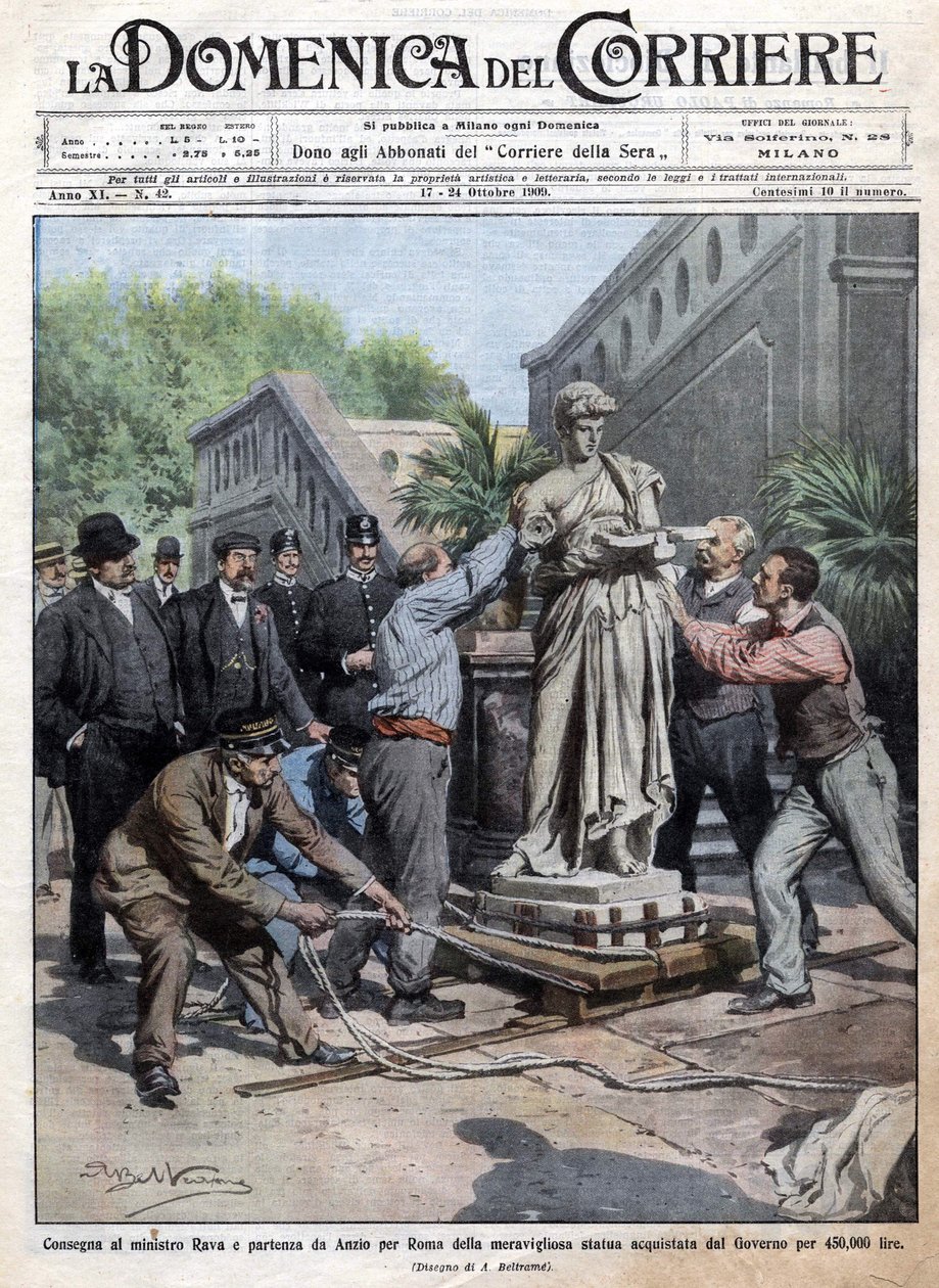 A kormány által 450 ezer líráért vásárolt szobrot Rómába szállítanak, és Rava miniszternek szállítják. Ill. de Beltrame. La Domenica del Corriere. 10/1909. alkotó: Achille Beltrame