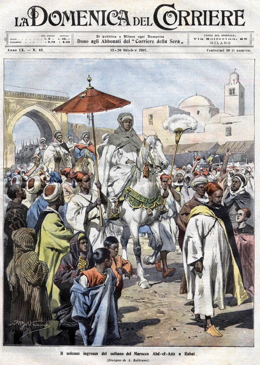 Abdelaziz (Al-Hassan Muhammed Al-Hasani Al-Alawi) A marokkói kapcsolatot 1907 októberében kiutasították (Marrakesh alkotó: Achille Beltrame