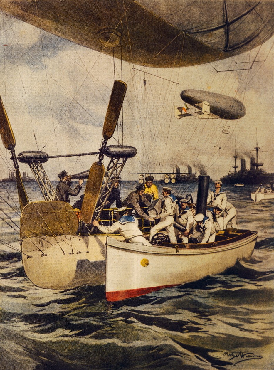Léghajók, amelyek csatahajókat töltenek fel útjuk során, Achille Beltrame, illusztráció, Achille Beltrame (1871-1945), La Domenica del Corriere, 1910. május 5. alkotó: Achille Beltrame