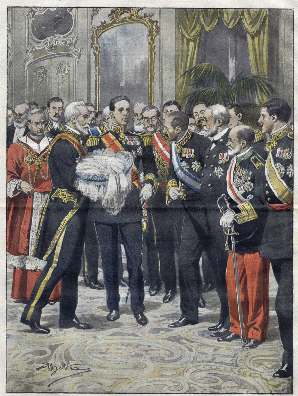 XIII. Alfonz (1886-1941), Spanyolország királya fia, Alfonso (1907-1938), Covadonga grófja, Asztúria hercegének átadási ünnepségén. Achille Beltrame rajza. 1907-től. alkotó: Achille Beltrame