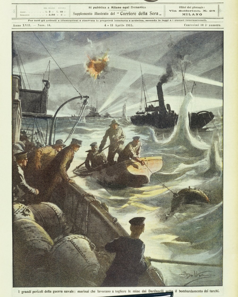 A szövetséges erők tengerészei aknákat próbáltak hatástalanítani török tüzérségi tüzek alatt, az 1914-1918-as első világháborúban (kőnyomat) alkotó: Achille Beltrame
