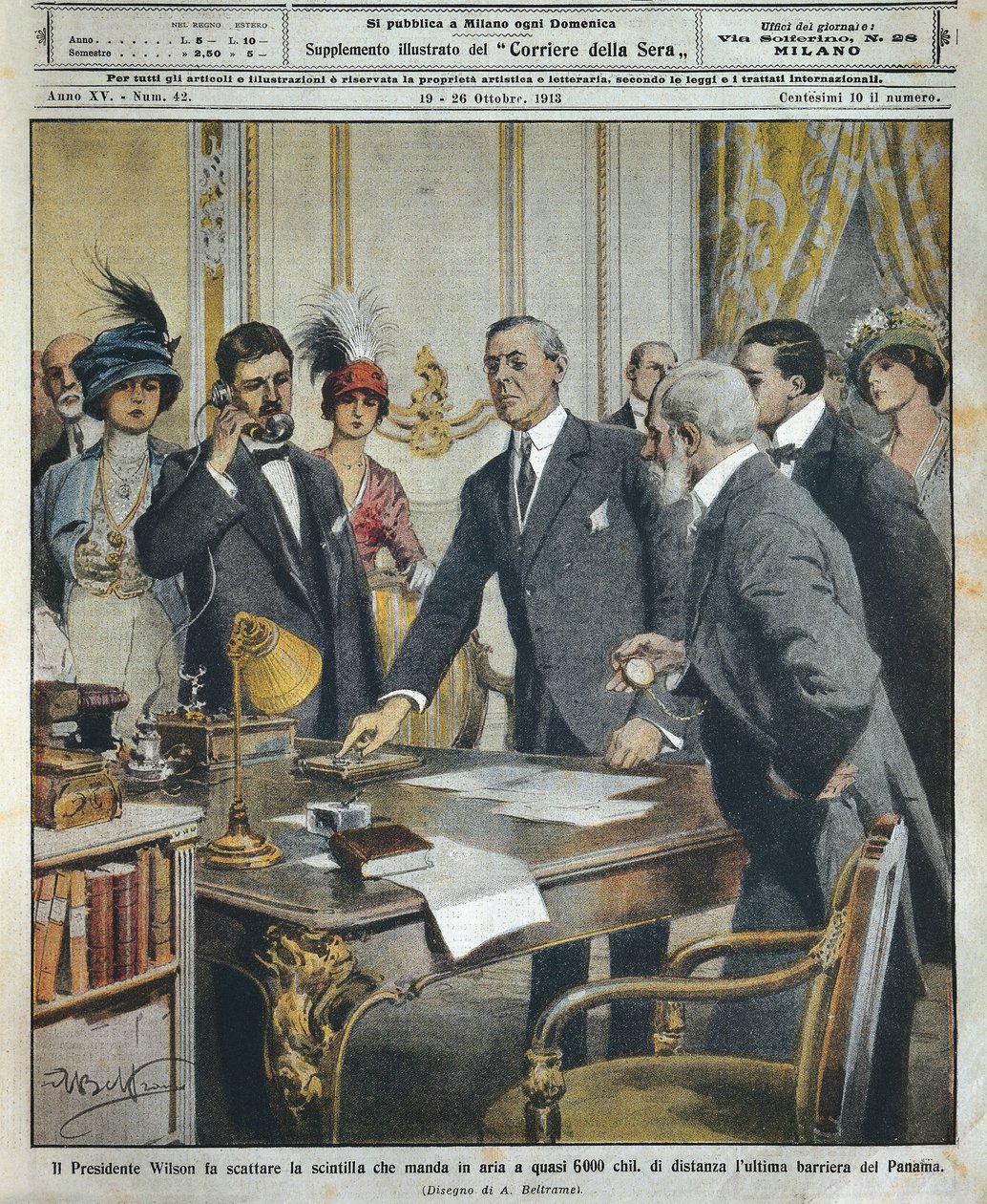 Woodrow Wilson amerikai elnök távirati úton robbantotta le a 6000 kilométerre lévő Panama-csatorna utolsó akadályát Achille Beltrame (1871-1945) a La Domenica del Corriere-ből. alkotó: Achille Beltrame