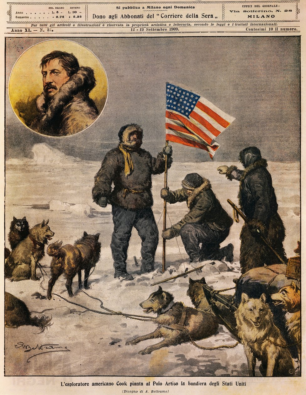 Cook amerikai felfedező kitűzi az Egyesült Államok zászlóját az Északi-sarkra, Achille Beltrame (1871-1945) illusztrációja a La Domenica del Corriere-ből, szeptember 12. alkotó: Achille Beltrame