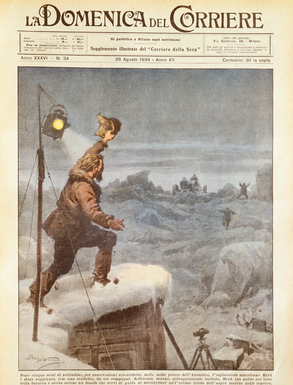Az amerikai felfedező, Richard E Byrd, akihez öt hónapos egyedüllét után társai csatlakoztak az Antarktiszon, Achille Beltrame, illusztráció, Achille Beltrame (1871-1945), a La Domenica del Corriere-ből, 1934. augusztus 26. alkotó: Achille Beltrame