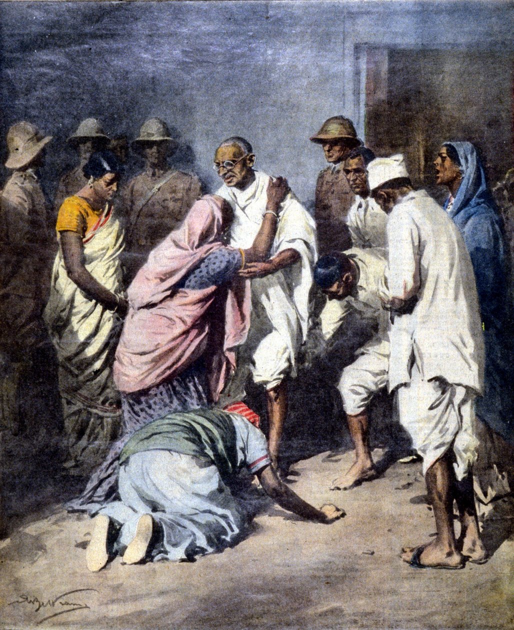 Mahatma Gandhi letartóztatása (1869-1948). Beteg. de Achille Beltrame. A futár vasárnapja. 1932 alkotó: Achille Beltrame