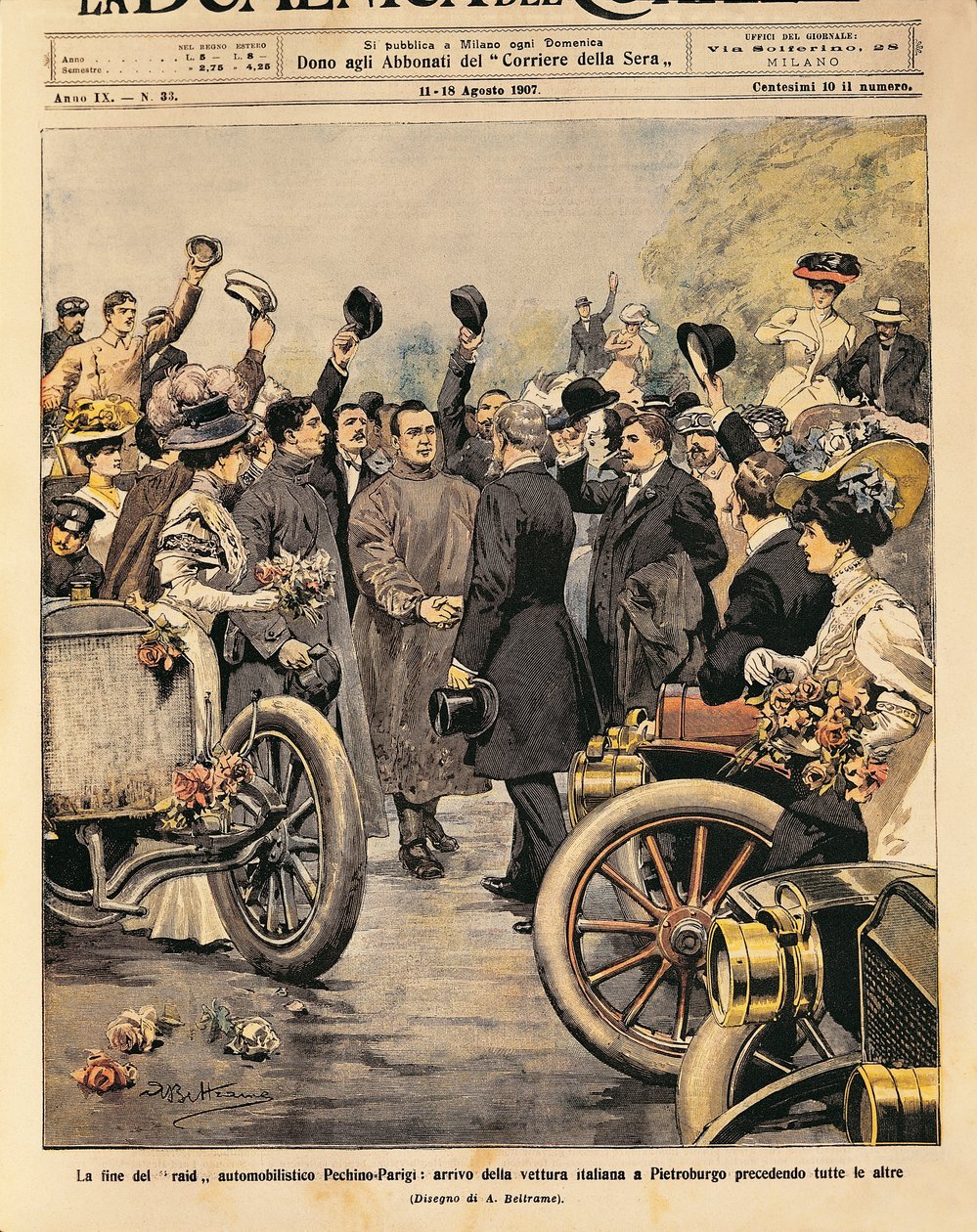 Olasz győztes autó (Itala 35/45 LE, Scipione Borghese és Ettore Guizzardi) megérkezése Szentpétervárra, a Párizs-Peking motorverseny vége, Achille Beltrame illusztrációja a La Domenica del Corriere-ből, augusztus 11-18. alkotó: Achille Beltrame