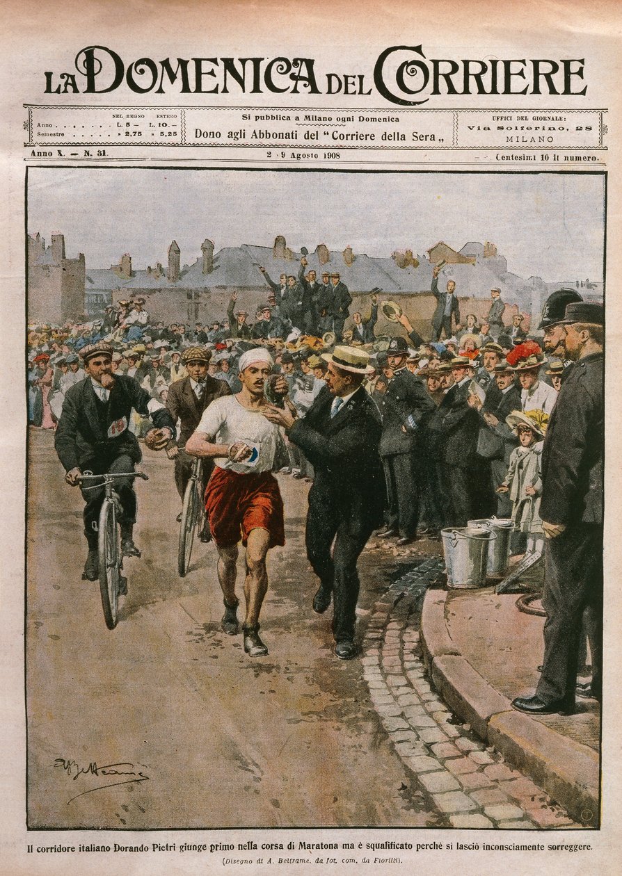 Dorando Pietri (1885-1942) érkezése maratonon, londoni olimpia, Achille Beltrame illusztrációja a La Domenica del Corriere-ből, augusztus 2-9. alkotó: Achille Beltrame