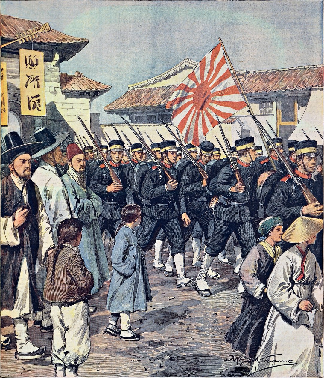 Japán csapatok érkezése Koreába, Achille Beltrame (1871-1945), illusztráció a La Domenica del Corriere-ből, február 21. alkotó: Achille Beltrame