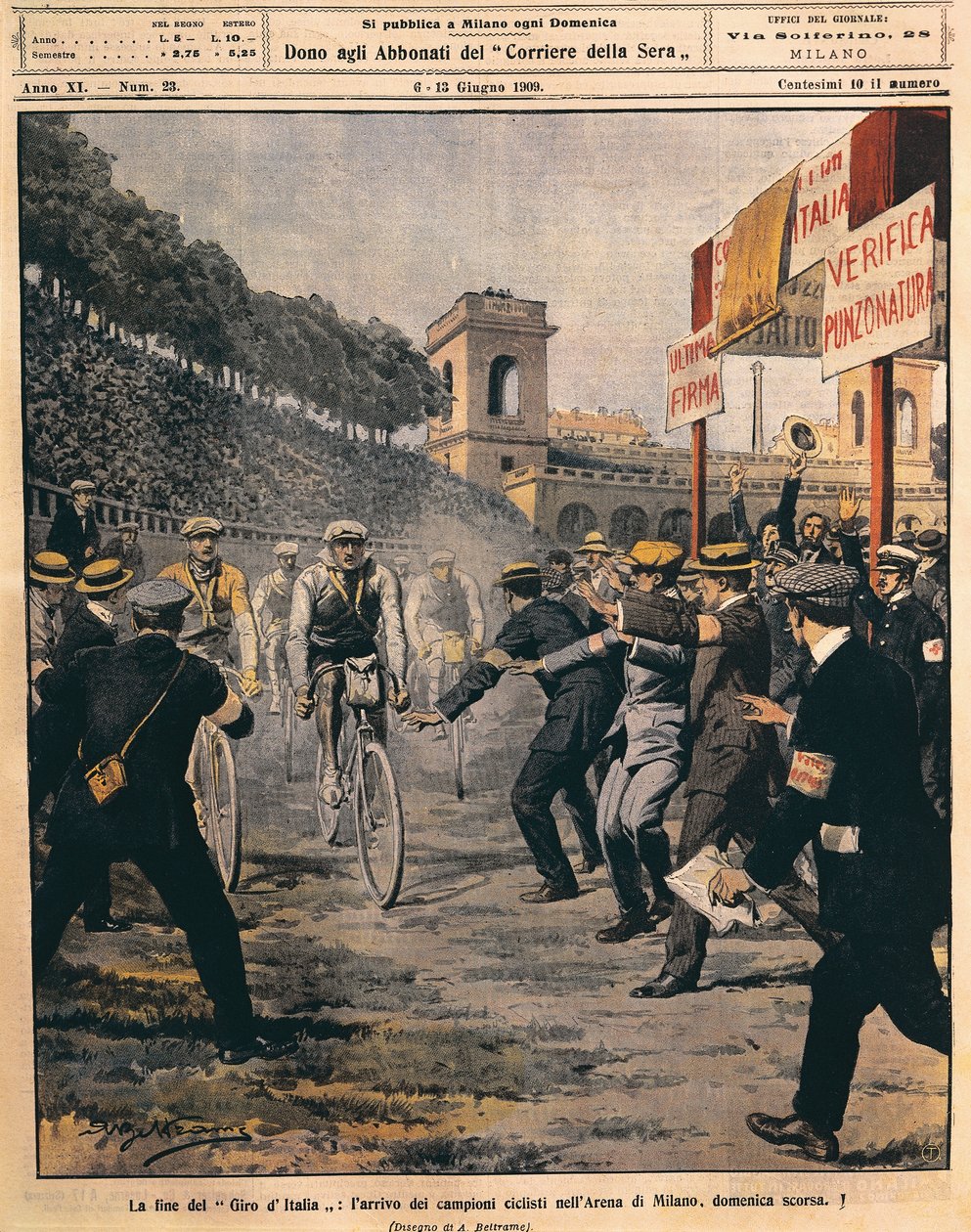 A győztes Luigi Ganna érkezése a milánói Arénába, a Giro d