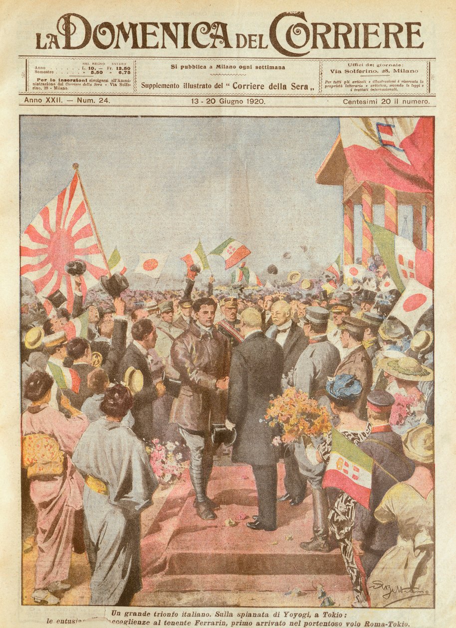 Arturo Ferrarin, távolsági szórólap fogadása Tokióban elsőként érkezett meg a Róma-Tokió útvonalon, Achille Beltrame, illusztráció, illusztrátor Achille Beltrame (1871-1945), a La Domenica del Corriere-ből alkotó: Achille Beltrame