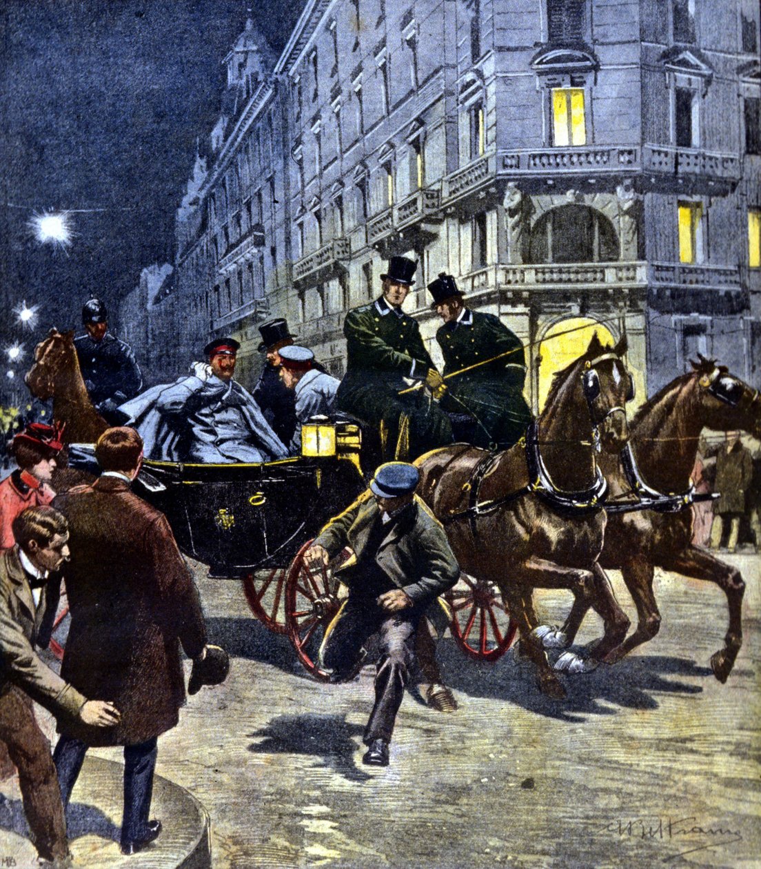 Támadás II. Vilmos német császár (1859 - 1941) ellen a brémai pályaudvarra tett utazása során, 1901. június 6-án este. Beltrame illusztrációja. La Domenica del corriere. 1901.06.17. alkotó: Achille Beltrame