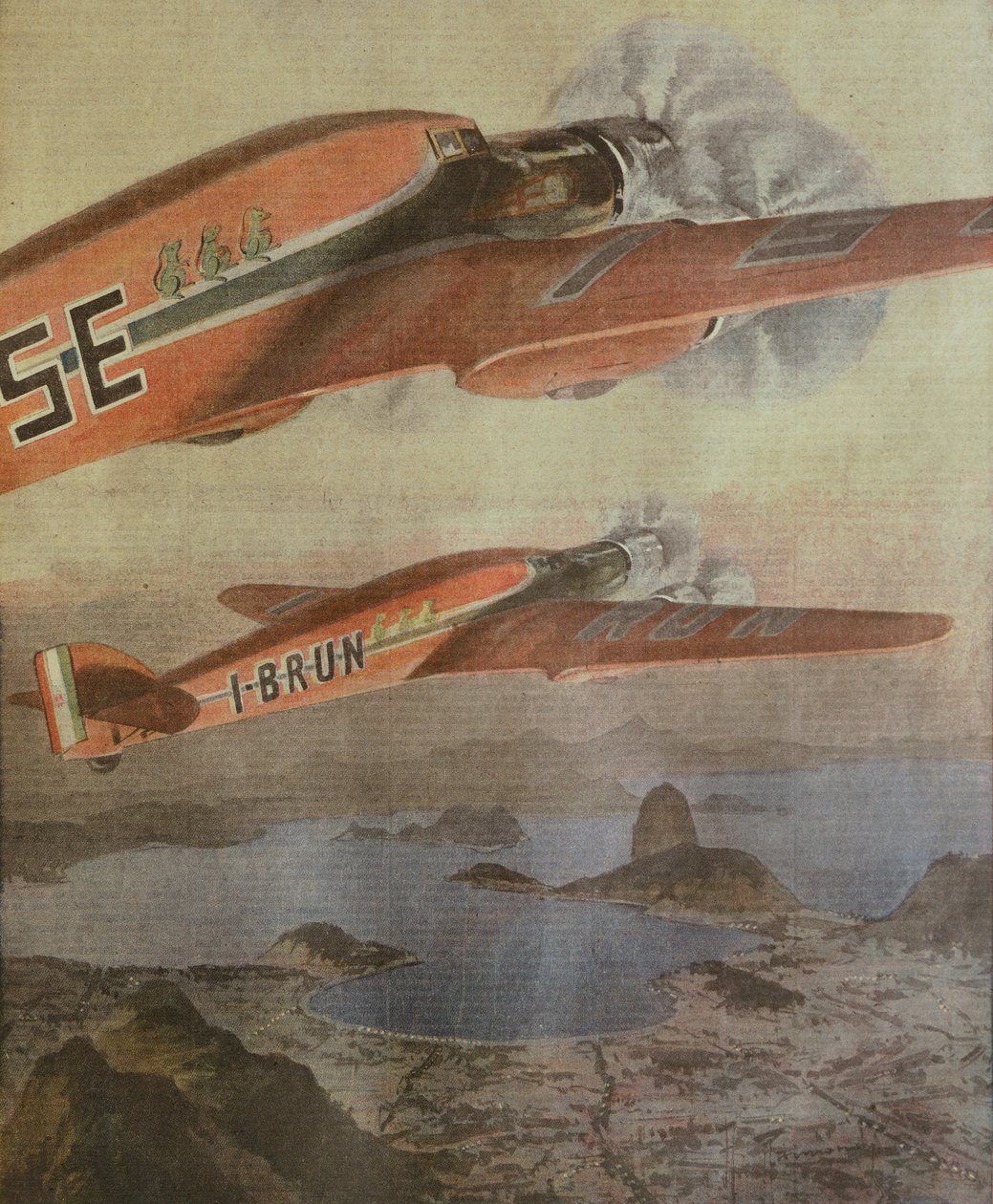Attilio Biseo és Bruno Mussolini Olaszország-Brazília transzatlanti repülése, Achille Beltrame, illusztráció, Achille Beltrame (1871-1945) illusztrátor, La Domenica del Corriere, 1938. február 6. alkotó: Achille Beltrame