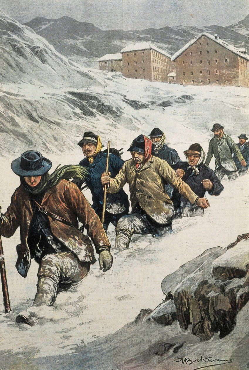BELTRAME, Akhilleusz (1871-1945). Olasz munkások átkelnek a Szent Bernát-hágón Aosta és Svájc között. A „La Domenica del Corriere” borítója”. 1904.02.14. Litográfia. alkotó: Achille Beltrame