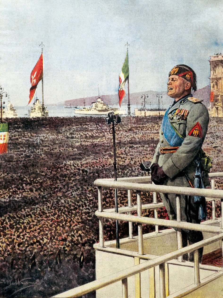 BELTRAME, Akhilleusz (1871-1945). MUSSOLINI, Benito (1883-1945). Olasz fasiszta politikus, Olaszország hercege (vezetője) (1925-1943). A Duce Trieszt lakosságához és a világhoz beszél (1938. szeptember). Achille Beltrame illusztrációja a „” Domenica del Co alkotó: Achille Beltrame