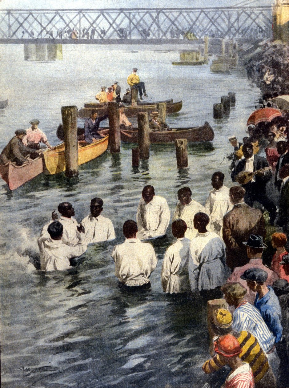 Az Isten egyháza szekta fekete tagjainak keresztelési szertartása a Cedar Riverben Iowában (USA). Ill. of A. Beltrame. La Domenica del Corriere alkotó: Achille Beltrame