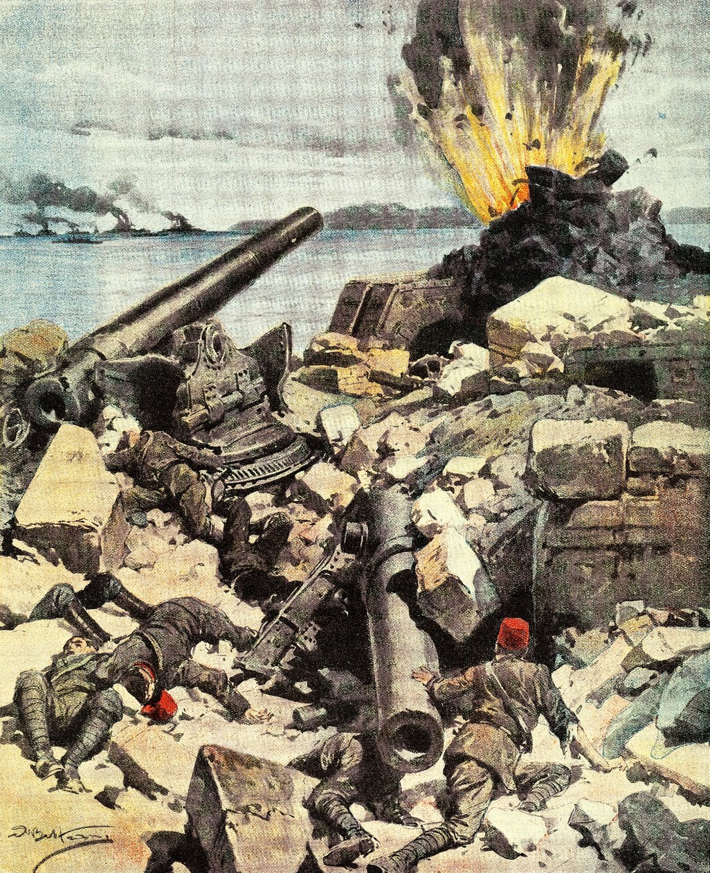 A dardanellák csata, az angol-francia flotta lerombolja a Dardanellák erődjeit, hogy áttörje a szorost és megérkezzen Konstantinápolyba, Achille Beltrame (1871-1945), illusztráció a La Domenica del Corriere-ből, március 14-21. alkotó: Achille Beltrame