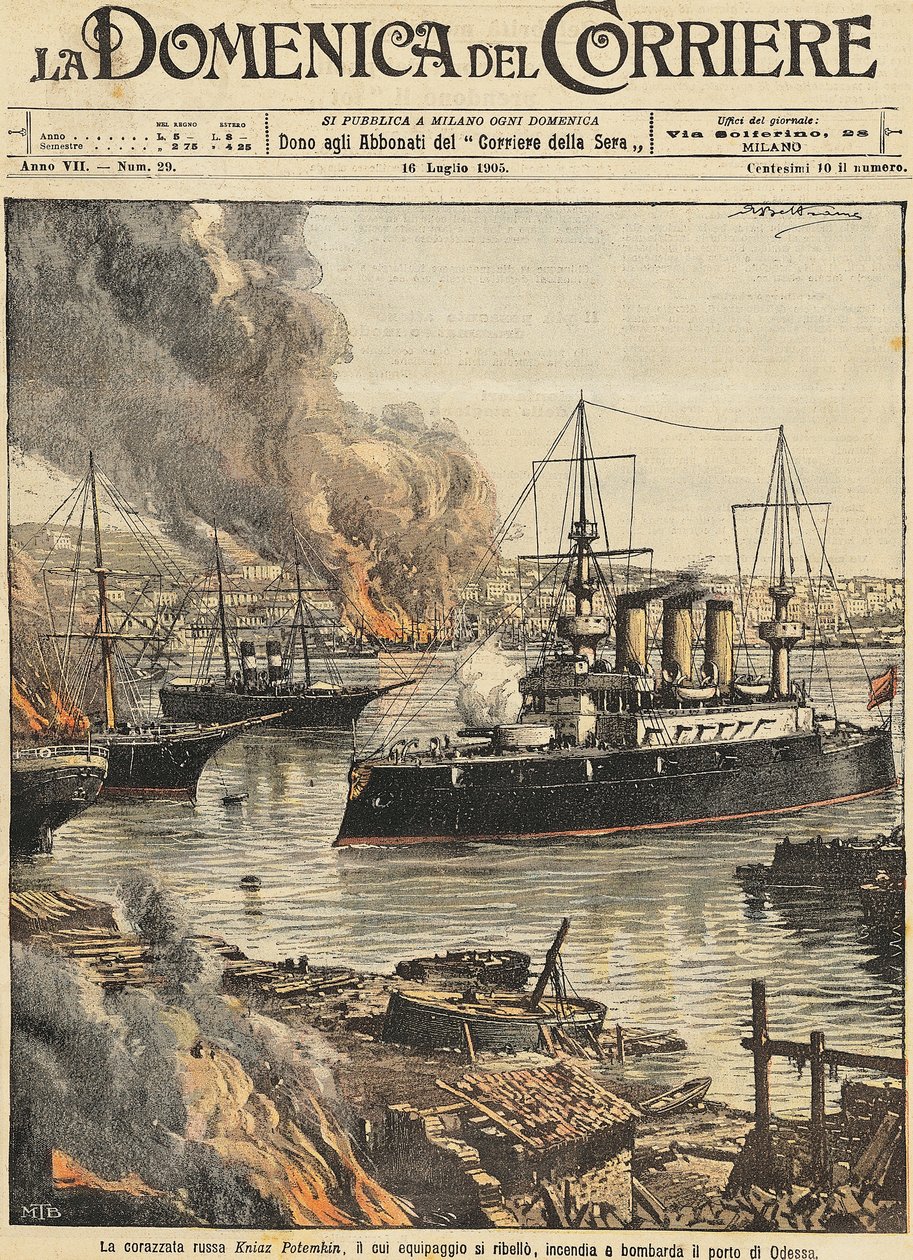 A Potemkin csatahajó Odesszát bombázza, Achille Beltrame, illusztráció, Achille Beltrame (1871-1945) illusztrátor, a La Domenica del Corriere című lapból. alkotó: Achille Beltrame