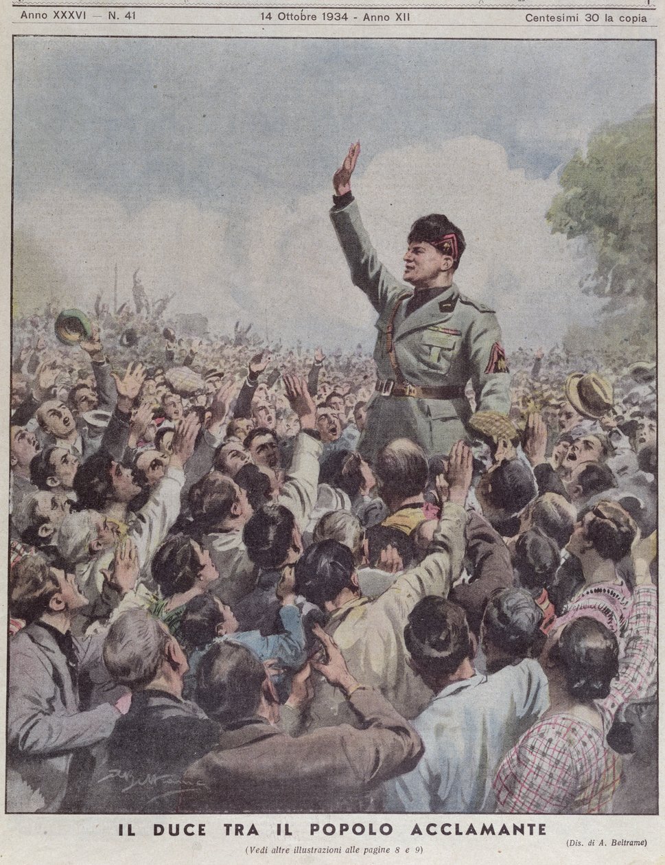 Benito Mussolini (1883-1945) a nép által elismert, a „La Domenica del Corriere”-ből, 1934. október 14. alkotó: Achille Beltrame
