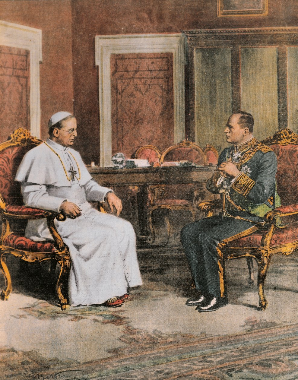 Benito Mussolini találkozik XI. Pius pápával február 11-én alkotó: Achille Beltrame