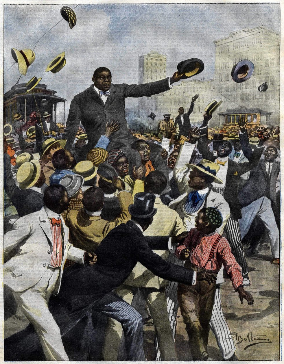 Jack Johnson bokszoló 1910-ben érkezett Chicagóba. Illusztráció: Achille Beltrame a La Domenica del Corriere-hez”. alkotó: Achille Beltrame
