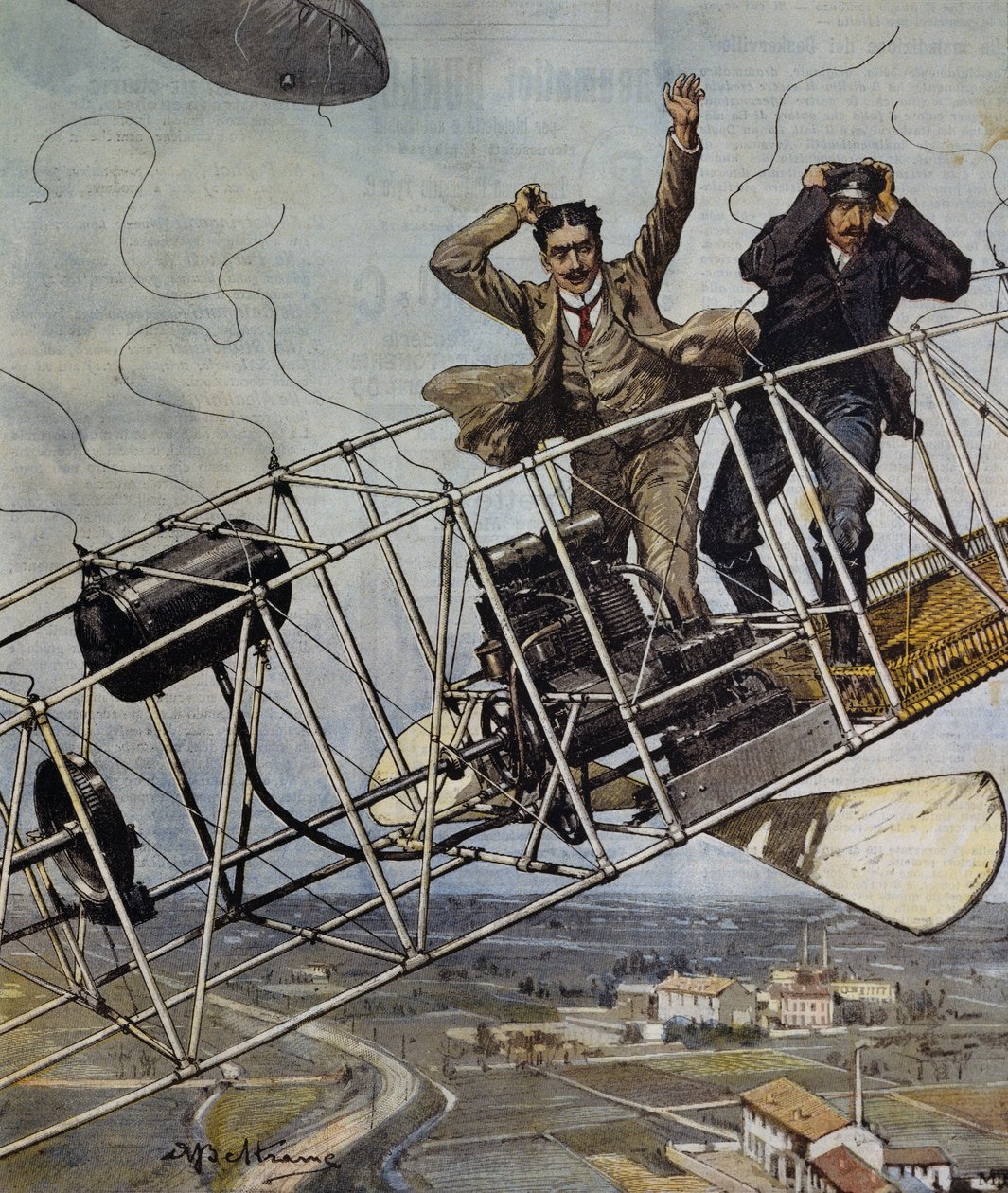 A De Bradski léghajó katasztrófája Párizs közelében, Franciaország, Achille Beltrame illusztrációja a La Domenica del Corriere számára, október 26. alkotó: Achille Beltrame
