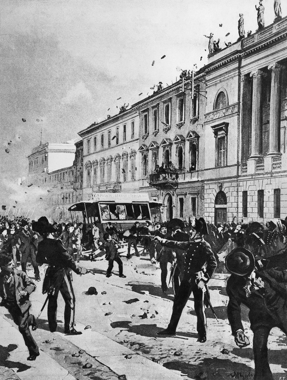Összecsapás tüntetők és rendőrök között Milánóban, a Corso Venezián, a Palazzo Saporiti előtt, május 7. alkotó: Achille Beltrame