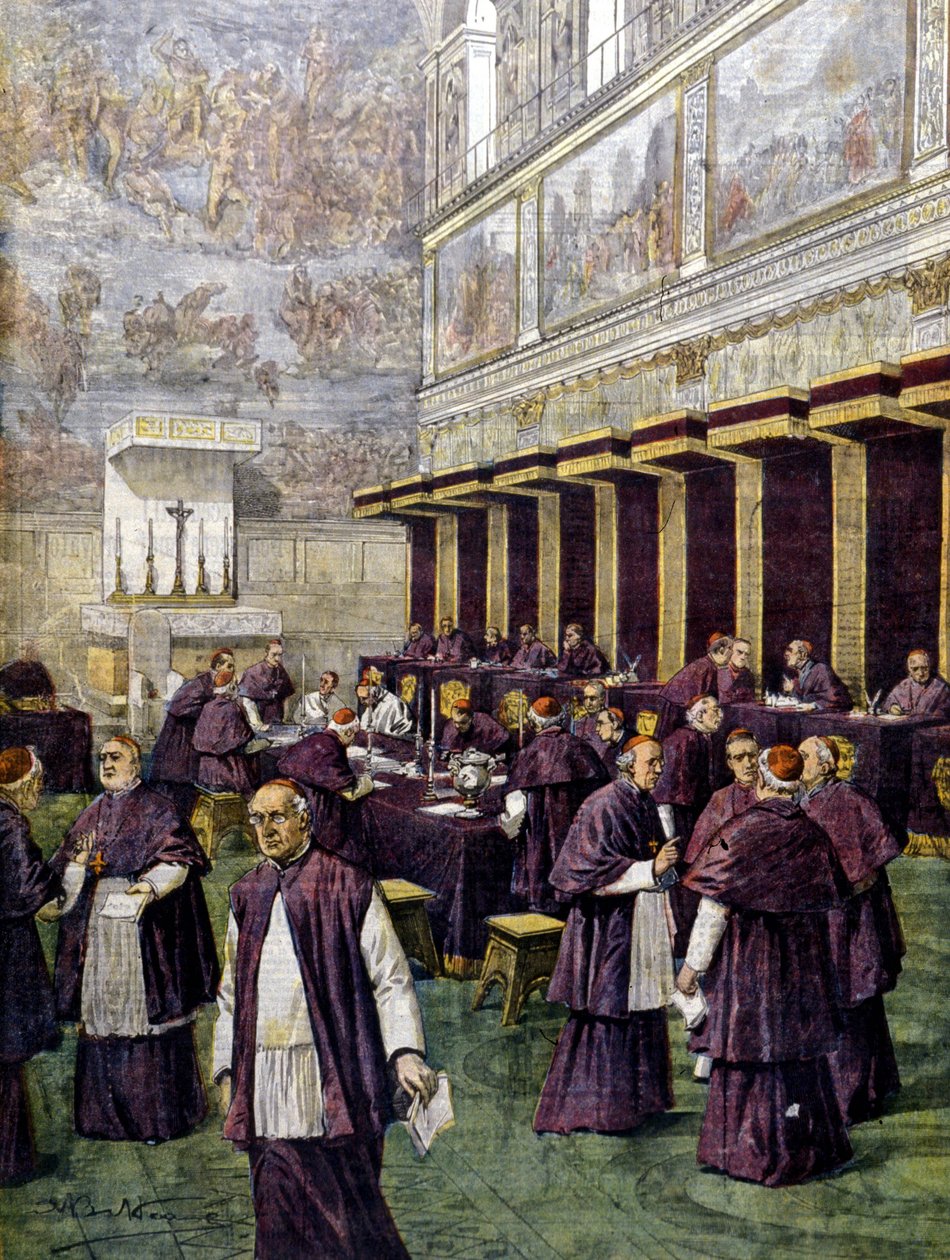 Konklávé a Sixtus-kápolnában az új pápa megválasztására. Illusztráció: Beltrame. A Domenica del corriere. 1903. alkotó: Achille Beltrame