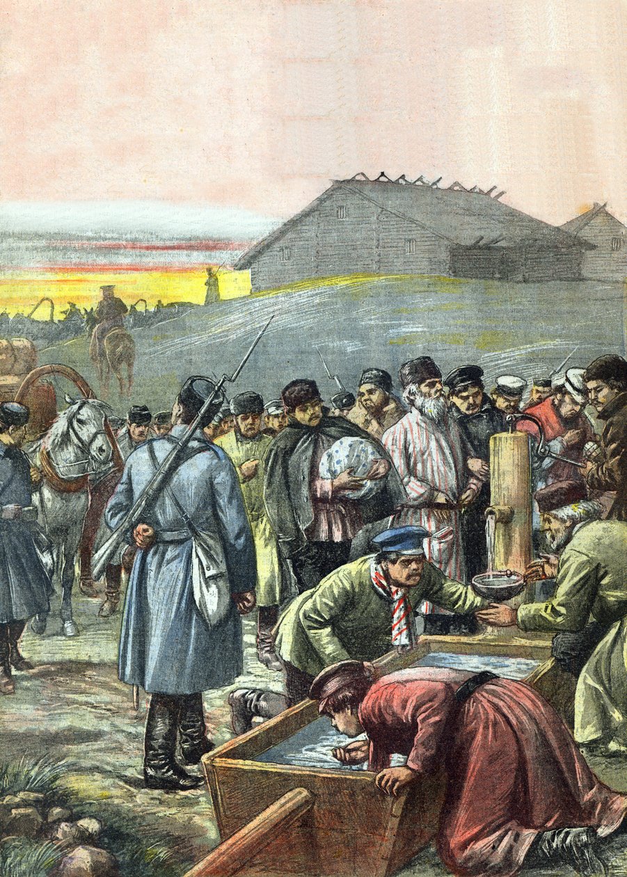 Deportált orosz politikai foglyok konvoja átutazóban a szibériai száműzetésbe, illusztráció a „La Tribuna Illustrata” magazinból, 1907. augusztus 4. alkotó: Achille Beltrame