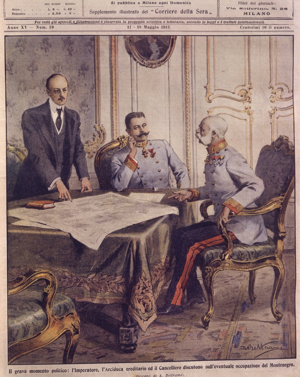 A borító illusztrációja, amelyen az osztrák császár Montenegró lehetséges megszállásáról tárgyal alkotó: Achille Beltrame