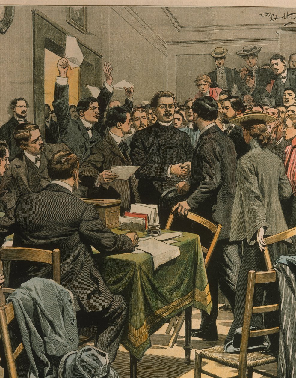 Borítóillusztráció Makszim Gorkij orosz forradalmárok találkozójára érkezéséről; London, Anglia alkotó: Achille Beltrame