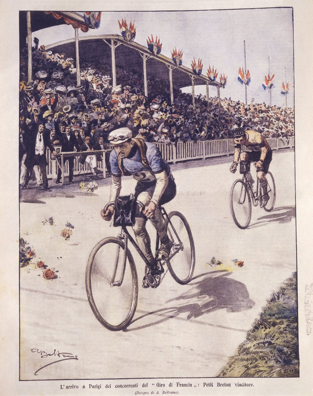 Borító illusztrációja a Tour de France versenyzőinek érkezéséről, Petit-Breton győztesével; Párizs, Franciaország alkotó: Achille Beltrame