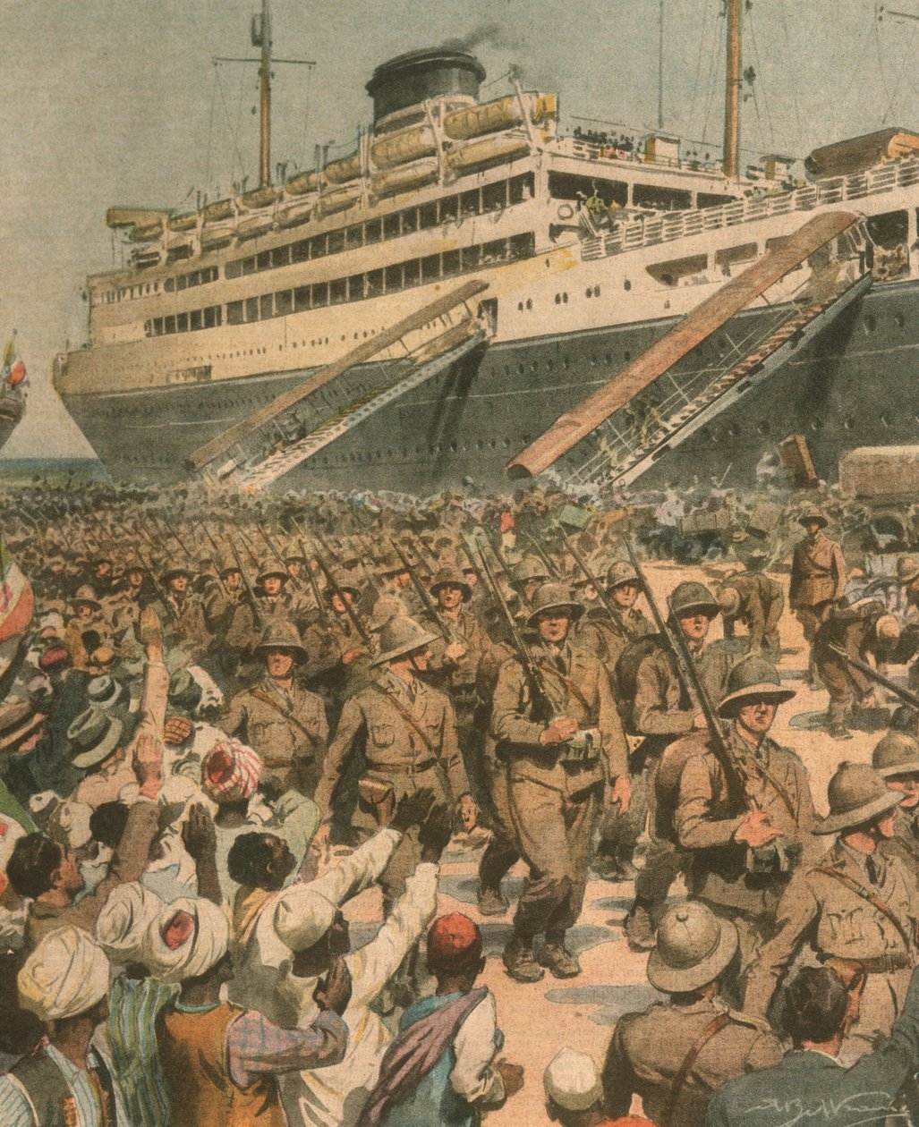 A borító illusztrációja az olasz csapatok partraszállásáról Kelet-Afrikában alkotó: Achille Beltrame