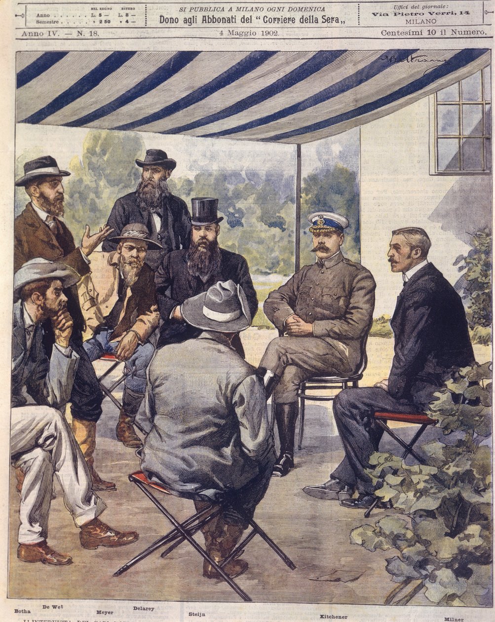 A borító illusztrációja a békekötésről szóló tárgyalásokról az 1850-1902-es angol-zulu és angol-búr háborúk során alkotó: Achille Beltrame