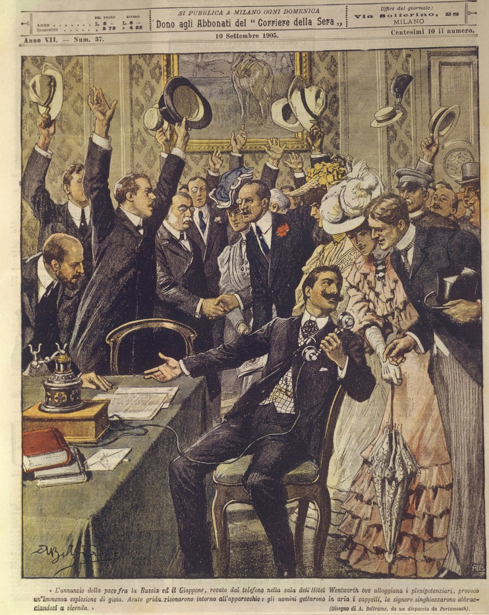 Borítókép az Oroszország és Japán közötti békeszerződés bejelentését ünneplő emberekről az 1904-1905-ös orosz-japán háború alatt alkotó: Achille Beltrame