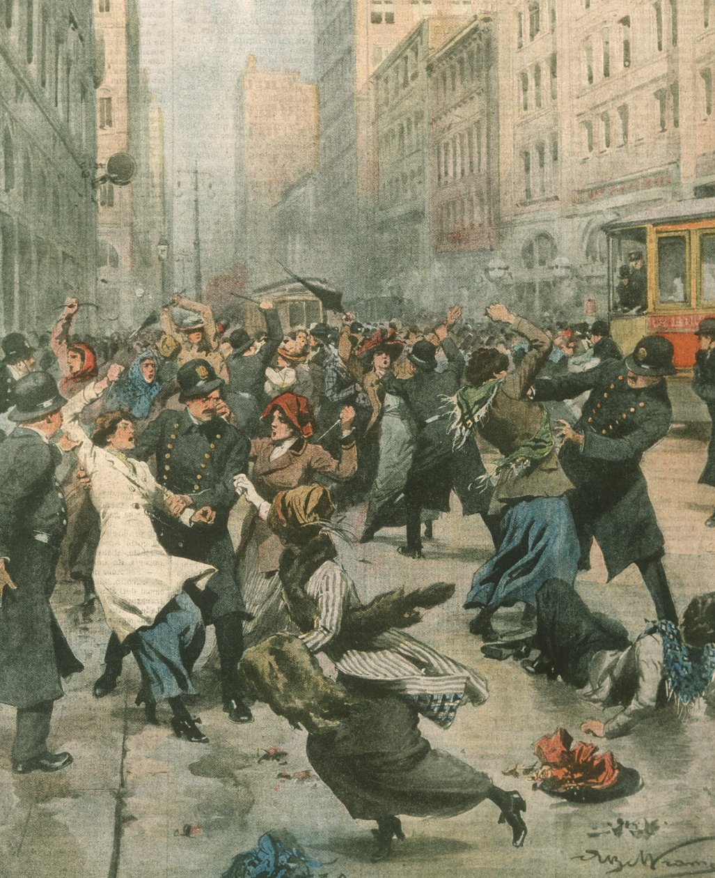 Címlapillusztráció nőkről, akik a munkanélküliség ellen tüntetnek az utcán; New York, USA alkotó: Achille Beltrame