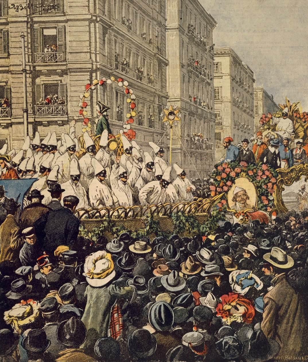 Tömegek a nápolyi karnevál idején, Achille Beltrame, illusztráció, Achille Beltrame (1871-1945) illusztrátor, La Domenica del Corriere, 1904. január 31. alkotó: Achille Beltrame