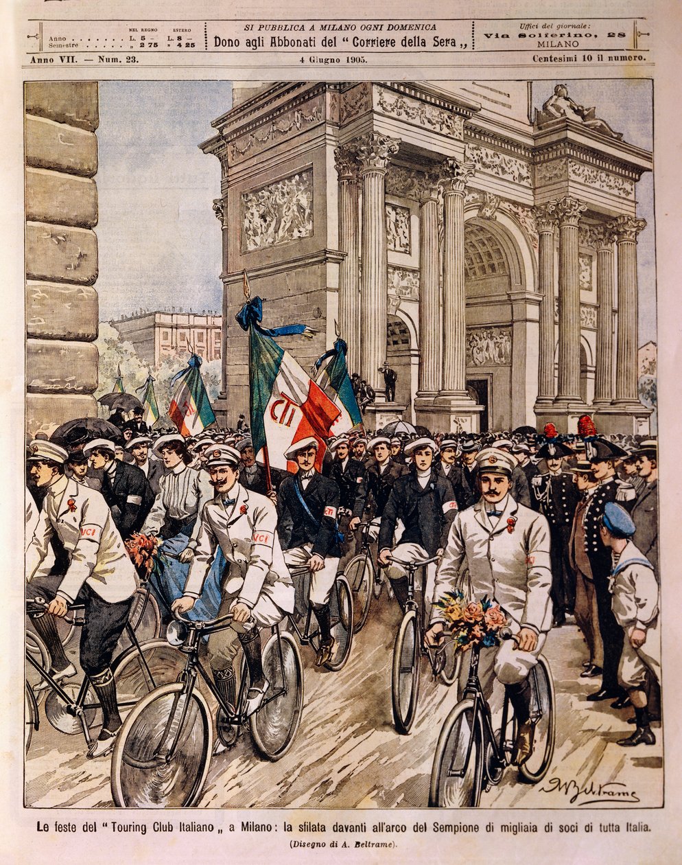 Kerékpárosok felvonulnak a Béke boltívénél, az Olasz Túraklub ünnepségén Milánóban, Olaszország, Achille Beltrame illusztrációja a La Domenica del Corriere-ból, június 4. alkotó: Achille Beltrame