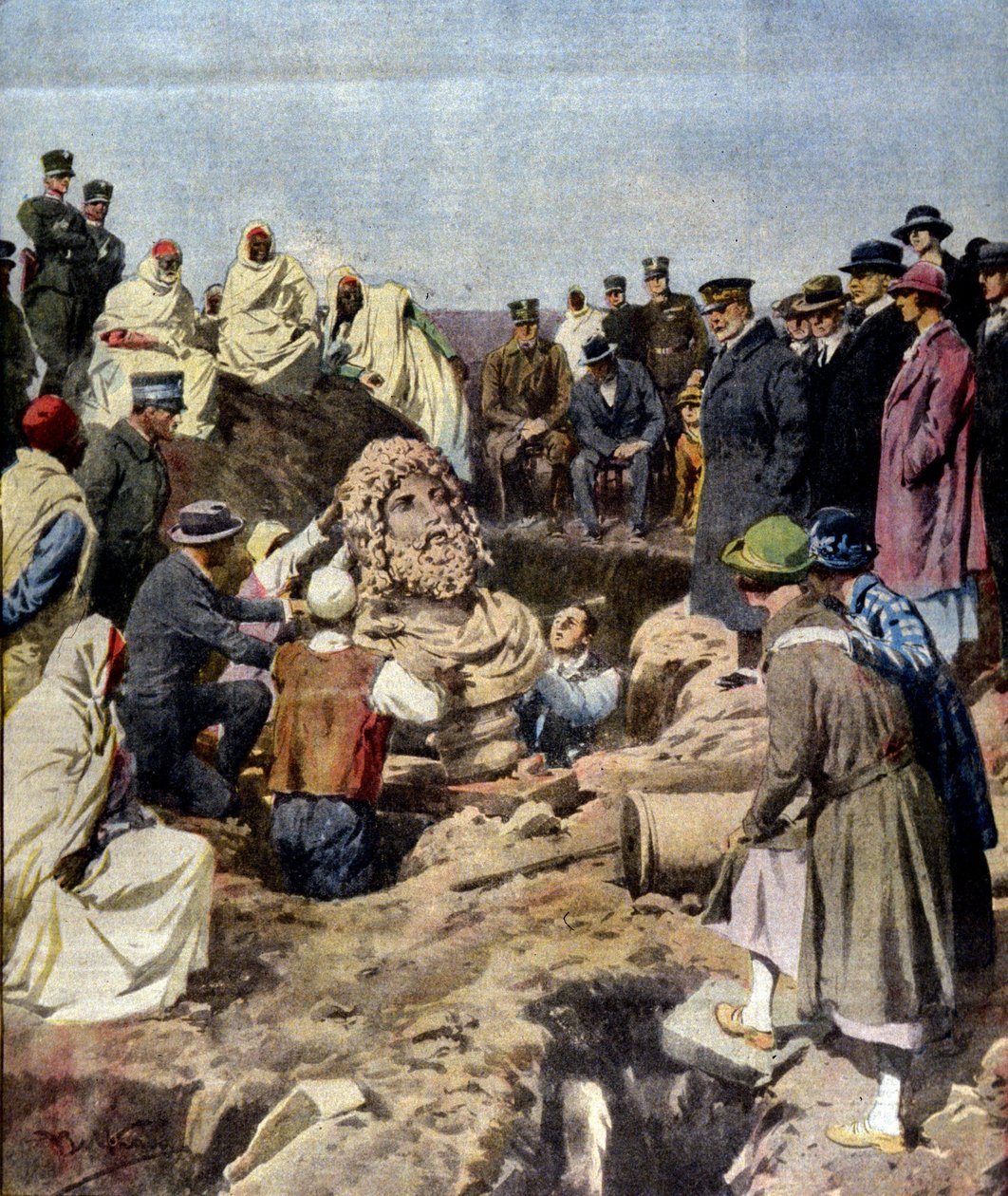 Jupiter mellszobrának felfedezése a líbiai Sabrathában 1925-ben. Achille Beltrame illusztrációja alkotó: Achille Beltrame