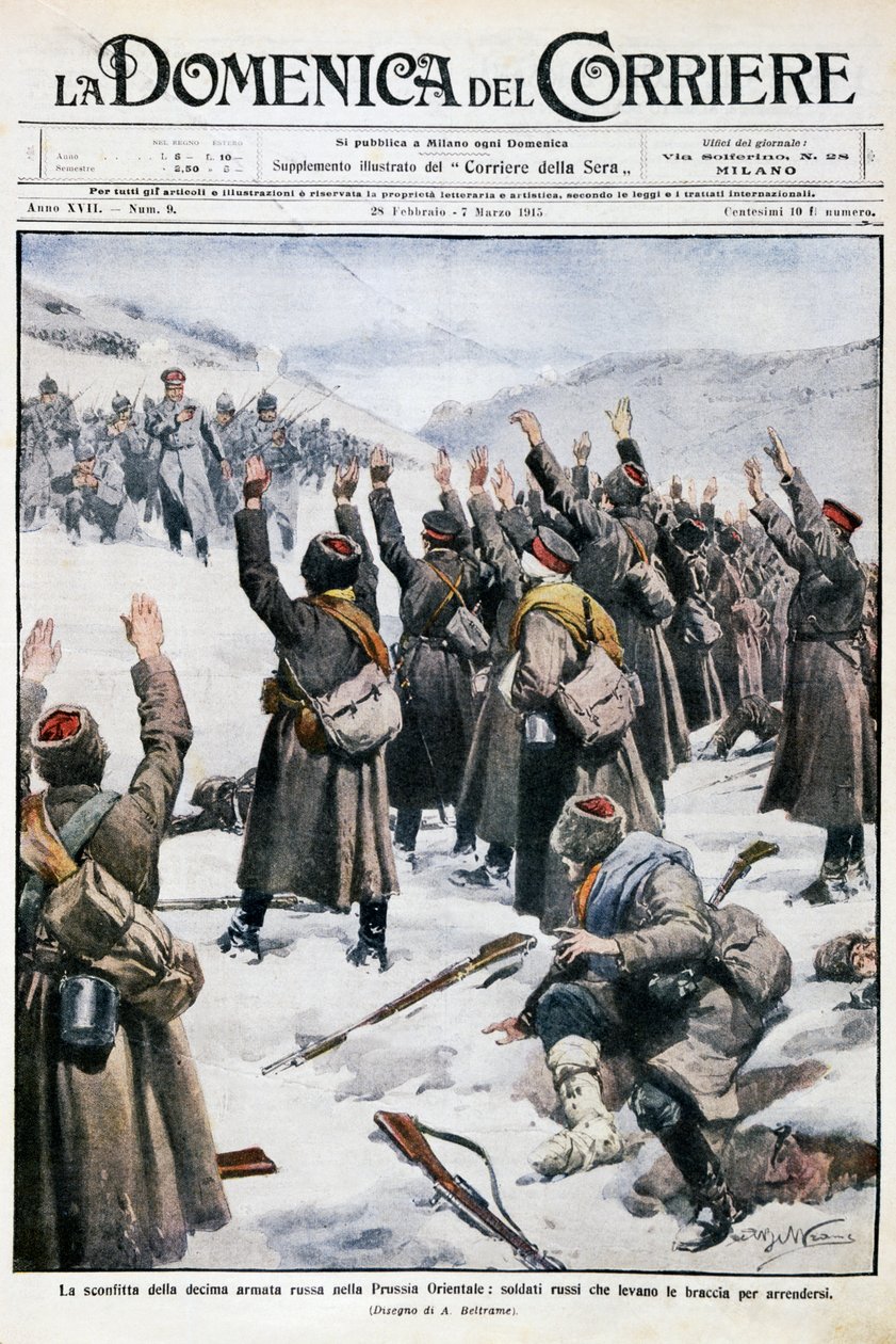 A tizedik orosz hadsereg veresége Kelet-Poroszországban: az orosz katonák megadják a fegyvert, Achille Beltrame (1871-1945) lemeze a La Domenica del Corriere-ből, 1915. február 28-március 7. alkotó: Achille Beltrame