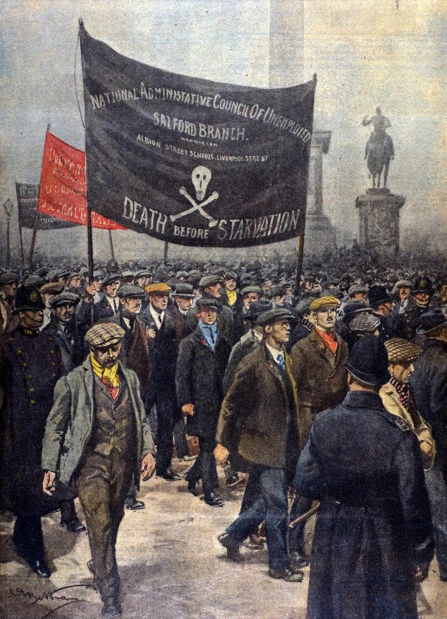 Sztrájkoló kiskorúak demonstrációja. London 1922. Illusztráció: Achille Beltrame. „A futár vasárnapja”. alkotó: Achille Beltrame
